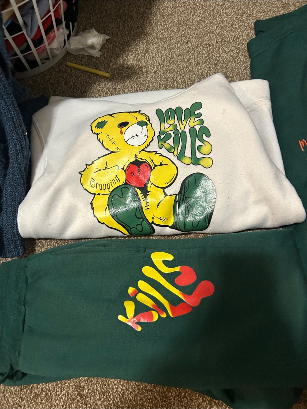 Love Kills Graphic Kids Sweatshirt - White & Green sweat suit. Jogger&hoodie